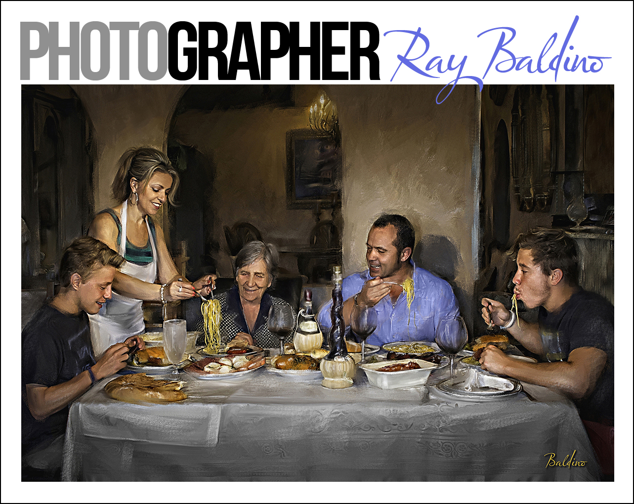 family-photography-in-m,elbourne-florida-by-ray-baldino-this-image-is-a-painted-portrait-of-a-family-and-their-two-children-and-grandmother-eating-a-traditional-italian-meal