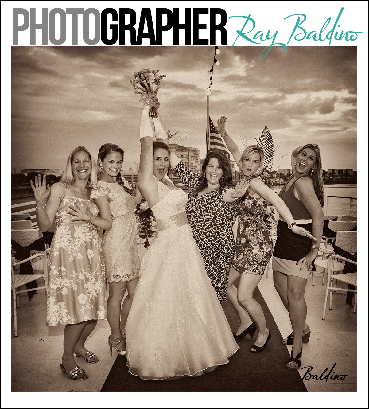 this-image-is-photography-by-ray-baldino-taken-at-amy-and-michaels-cocoa-village-wedding-on-the-indian-river-queen-the-image-is-a-group-photo-of-the-wedding-party-and-family-jumping-and-chering-in-a-huddle