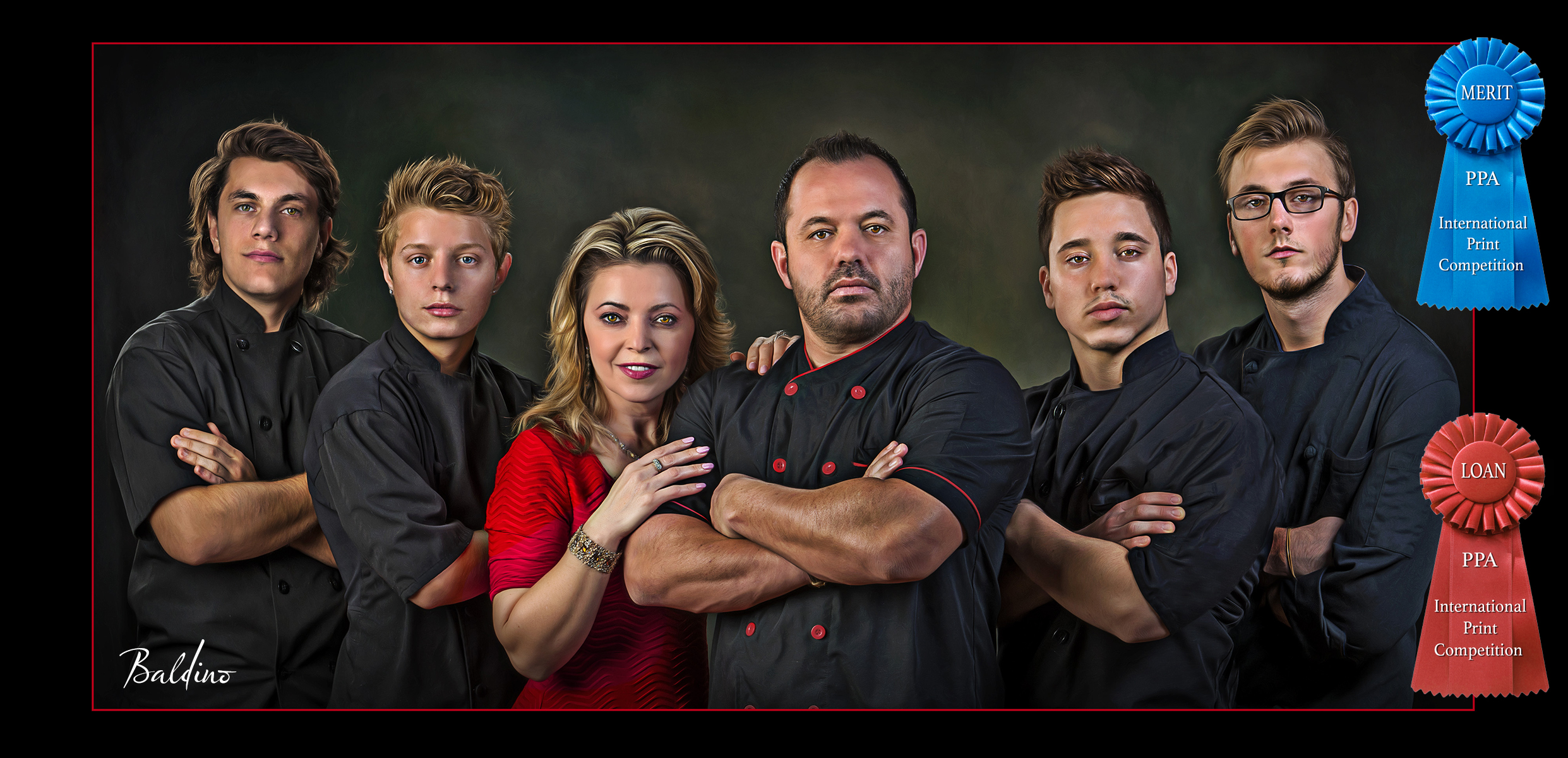 This_is_ a_ photograph_taken_to_be_a_portrait_of_five_men_and_a_woman. They_are_a_family_that_owns_a_restaurant. The_woman_is_not_a_chef. The_man_in_the_center_is_the_chef.